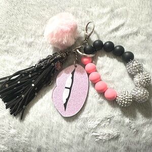 Pink Lip Charm and Beaded Keychain Wristlet